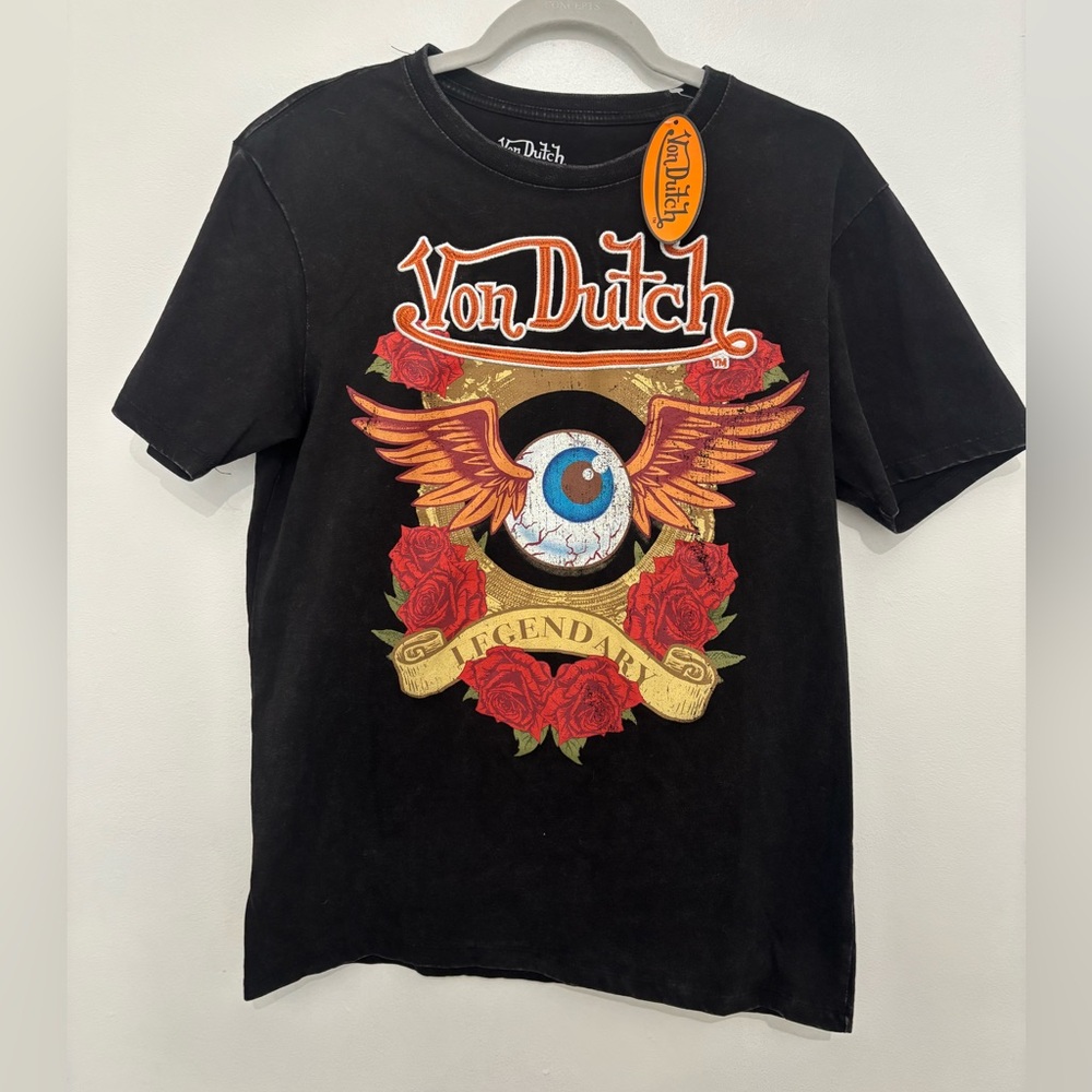 Von Dutch Minimal Acid Wash Black Tee with Red and Gold Graphic